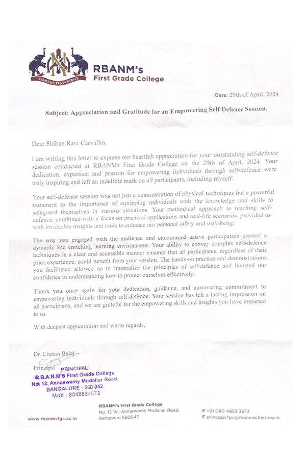 Appreciation letter from RBANM's First Grade College to Shihan Ravi Carvalho